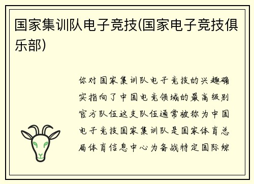 国家集训队电子竞技(国家电子竞技俱乐部)